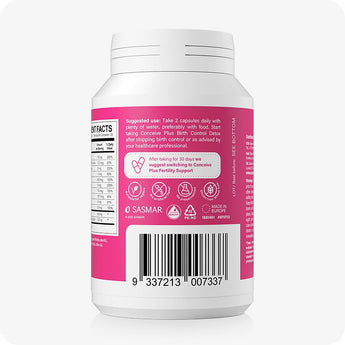 Conceive Plus Birth Control Detox back label featuring suggested use instructions, product certifications, a barcode, and a note recommending transition to fertility support after 30 days; label highlights daily dosage guidance and icons for vegan, non-GMO, and allergen-free attributes.