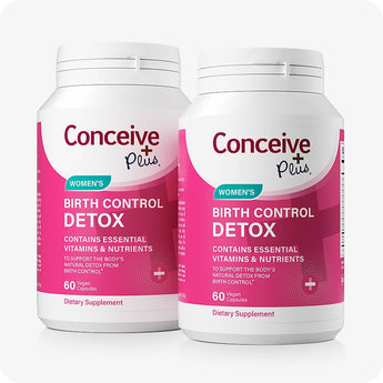 Conceive Plus Birth Control Detox twin pack featuring two 60-capsule bottles side by side, both in signature pink and white packaging, formulated with essential vitamins and nutrients to help support natural hormone balance after stopping birth control.