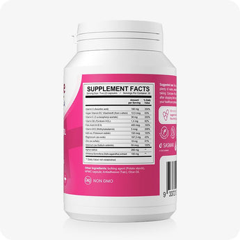 Conceive Plus Birth Control Detox product image showing nutritional information panel in detail, listing key vitamins, minerals, herbal extracts like Ashwagandha and Vitex, and non-GMO ingredients, designed to inform users about formulation transparency and capsule content.