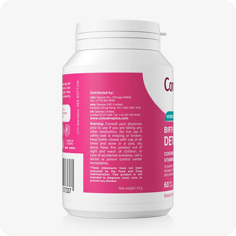 Conceive Plus Birth Control Detox supplement bottle showing back label with distribution details, safety warnings, and usage instructions, captured at a side angle to highlight important consumer information and regulatory statements.
