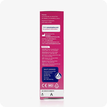 Conceive Plus Fertility Lubricant (1fl.oz/30ml Tube) box side panel showing manufacturer details, contact information, global distributors, CE and MD certifications, and quality assurance label with pH and osmolality specs.