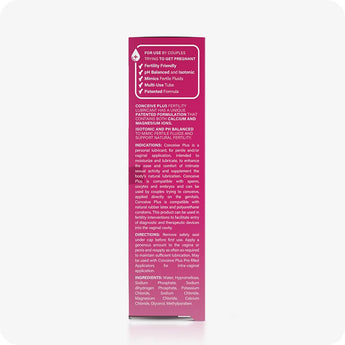 Conceive Plus Fertility Lubricant (1fl.oz/30ml Tube) side packaging view showing detailed product description, usage directions, ingredients list, and fertility-friendly claims including pH balance and patented formula.