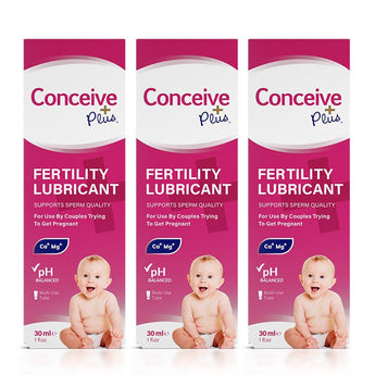 Conceive Plus Fertility Lubricant (1fl.oz/30ml Tube) 3-pack showing three identical retail boxes in a row with signature pink design, baby graphic, and key benefits like Ca+Mg formula and pH balance for conception support.