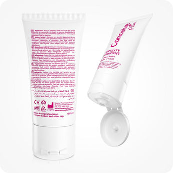 Conceive Plus Fertility Lubricant (1fl.oz/30ml Tube) showing bilingual usage instructions on back label with one tube standing and another lying open to reveal nozzle cap for application.