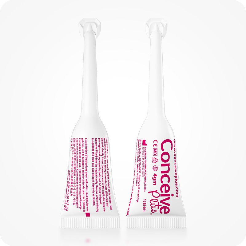 For Conceive Plus Max Combo - Fertility Lubricant Bundle, showing front and back views of two 4g pre-filled fertility lubricant applicators, highlighting product labeling, ingredient details, and CE medical device markings on white applicator tubes with pink text for fertility-safe use.