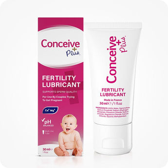 For Conceive Plus Men's Fertility Support and Fertility Lubricant Bundle highlighting the 30ml fertility lubricant in white tube packaging placed beside its magenta retail box featuring a smiling baby image, clear pH balance and sperm quality support claims—all shown front-facing on white backdrop.