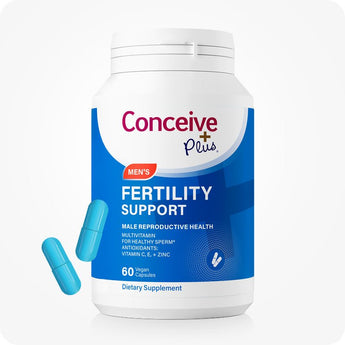 For Conceive Plus Men's Fertility Support and Fertility Lubricant Bundle, capsule bottle featuring a blue label, white lid, and two floating turquoise capsules, photographed on white background to highlight 60-count dietary supplement designed for male reproductive health.