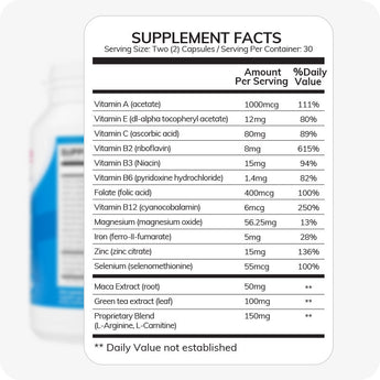 For Conceive Plus Men's Fertility Support and Fertility Lubricant Bundle, close-up of supplement facts label showing detailed vitamin, mineral, and herbal ingredient breakdown for male fertility capsules, including dosage per serving and daily value percentages on white background with blue product edge partially visible.