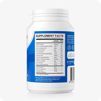 For Conceive Plus Men's Fertility Support and Fertility Lubricant Bundle, image showing detailed supplement facts panel on male fertility support bottle, listing vitamins, minerals, and active ingredients with daily values, printed on a blue-and-white label for consumer transparency and compliance.