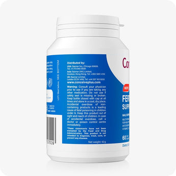 For Conceive Plus Men's Fertility Support and Fertility Lubricant Bundle, side view of men's fertility supplement bottle, displaying distributor information, usage warnings, barcode, and dosage instructions printed on a blue label, readable against a white background.