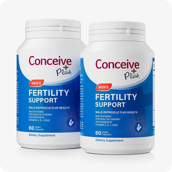 For Conceive Plus Men's Fertility Support and Fertility Lubricant Bundle, featuring two bottles of Men’s Fertility Support multivitamin, each labeled for male reproductive health with 60 vegan capsules, displayed side-by-side on a white background to emphasize product quantity and branding clarity.