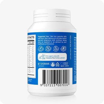 For Conceive Plus Men's Fertility Support and Fertility Lubricant Bundle, rear view of male fertility supplement bottle showing barcode, suggested daily use instructions, icons for quality assurance, and a reminder to pair with Conceive Plus Fertility Lubricant—printed on a blue label.