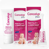 Conceive Plus Try Me Size Bundle (30ml Tube and 3x4g Applicators) displayed together with a white 30ml fertility lubricant tube, two pink-accented boxes showing product benefits, and a single pre-filled fertility lubricant applicator on right, all set against white background.