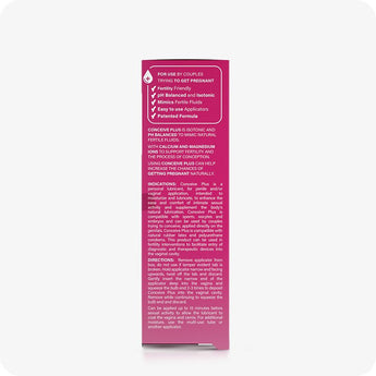 For Conceive Plus Try Me Size Bundle (30ml Tube and 3x4g Applicators), side view of 3x4g pre-filled fertility lubricant applicators box showing detailed product information, benefits checklist, usage instructions, and fertility-support claims, all in white text on a magenta background.