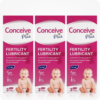 For Conceive Plus Try Me Size Bundle (30ml Tube and 3x4g Applicators), shown as a 3-pack of 3x4g pre-filled fertility lubricant applicator boxes, aligned front-facing with bold branding, baby visuals, and key product claims like pH balanced and pre-filled design, displayed against a white background.