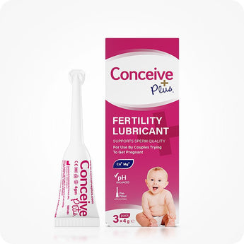 For Conceive Plus Try Me Size Bundle (30ml Tube and 3x4g Applicators), showcasing one 4g pre-filled fertility lubricant applicator placed upright beside branded fertility lubricant box with clear labeling, Ca⁺ and Mg⁺ icons, baby image, and pink-white color scheme—all presented on white background.