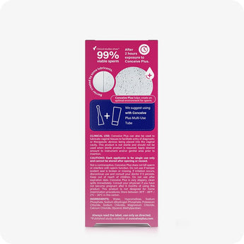 For Conceive Plus Try Me Size Bundle (30ml Tube and 3x4g Applicators), image of 3x4g pre-filled fertility lubricant applicators box back panel featuring sperm viability comparison, product pairing suggestion with multi-use tube, clinical use guidelines, cautions, and full ingredient list, all printed on a pink background.