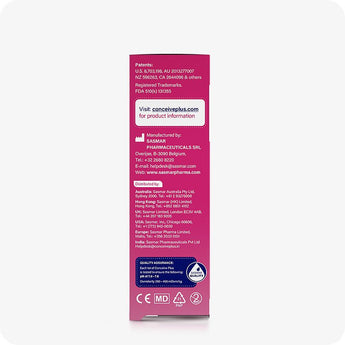 For Conceive Plus Try Me Size Bundle (30ml Tube and 3x4g Applicators), image of 3x4g pre-filled fertility lubricant applicators box rear panel displaying manufacturer and distributor contact information across regions, quality control details, CE and regulatory markings, and product website, printed on a pink background with a blue assurance badge.