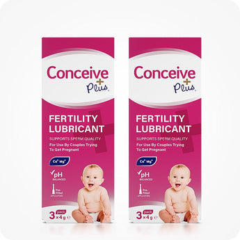 For Conceive Plus Try Me Size Bundle (30ml Tube and 3x4g Applicators), featuring a 2-pack of 3x4g fertility lubricant applicator boxes, each showing baby image, Ca⁺/Mg⁺ icons, and pre-filled applicator label on a magenta and white design, placed side-by-side on a white background.