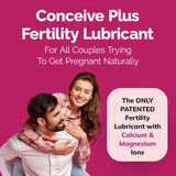 Advertisement for Conceive Plus Fertility Lubricant featuring a couple on a pink background.